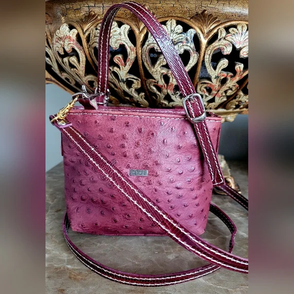 Cecconi Piero Burgundy Genuine Ostrich-Embossed Leather Mini Crossbody Bag 7"×6" - Picture 16 of 16
